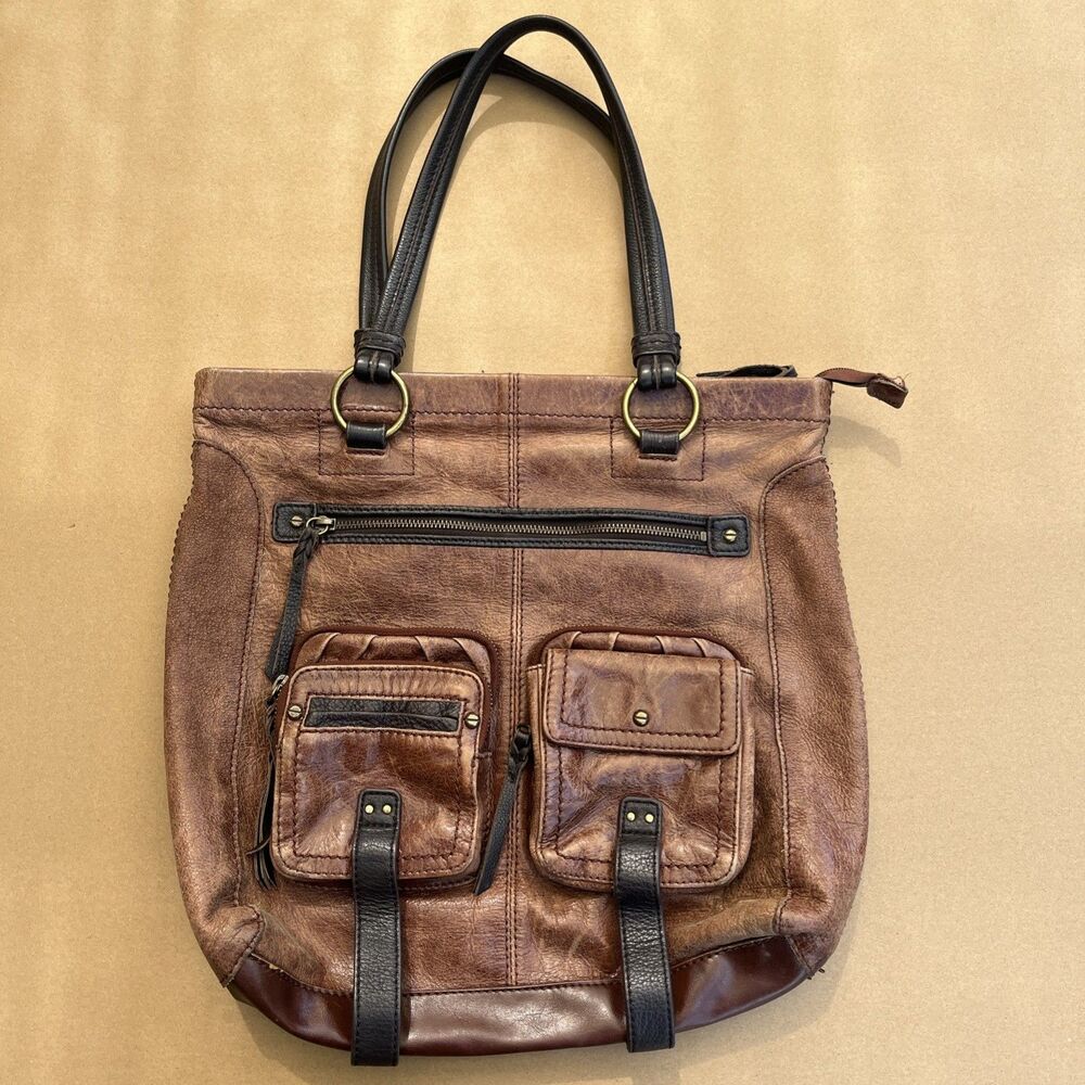 The Sak Brown Leather Large Tote Purse Hobo Bag Outside Pockets Double Handles